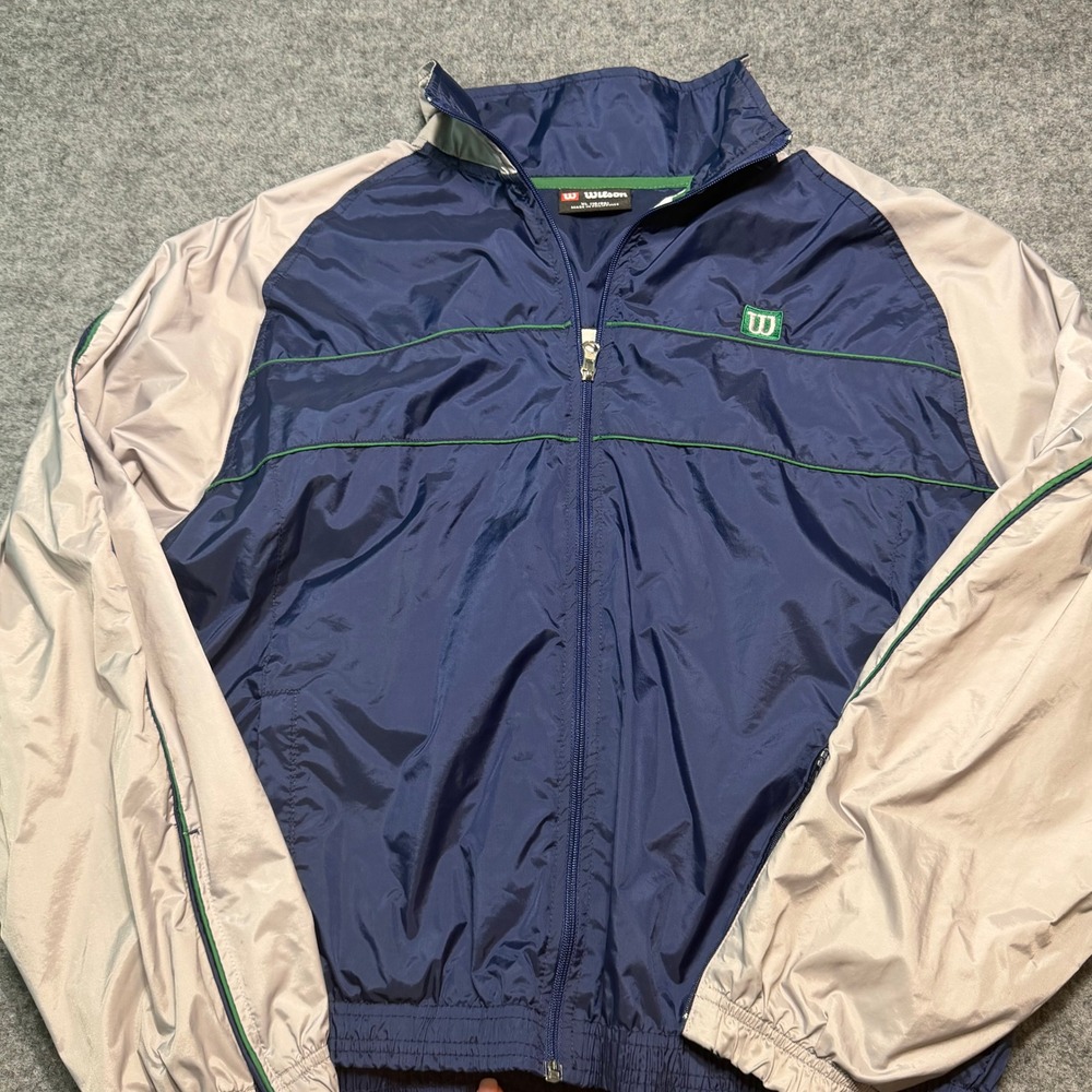 WILSON Vintage Windbreaker Jacket Navy Blue Grey Full Zip Athletic Coat Mens XL